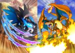  absurdres animal_focus artist_request blue_eyes blue_fire charizard claws dragon fangs fire flame-tipped_tail highres mega_charizard_x mega_charizard_y no_humans official_art open_mouth outdoors pokemon pokemon_(creature) pokemon_focus red_eyes second-party_source spikes 