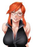  1girl absurdres arms_behind_back bangs bare_shoulders black-framed_eyewear black_shirt blush breasts cleavage collarbone elite_four glasses grin half-closed_eyes happy highres kanna_(pokemon) large_breasts light_blush lips long_hair looking_at_viewer orange_eyes orange_hair pokemon pokemon_(game) pokemon_frlg shiny shiny_hair shirt simple_background sleeveless sleeveless_shirt smile solo swept_bangs teeth turiganesou800 upper_body white_background 