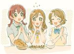  3girls bread dumpling emma_verde food hands_on_own_cheeks hands_on_own_face koizumi_hanayo kunikida_hanamaru love_live! love_live!_school_idol_festival_all_stars love_live!_school_idol_project love_live!_sunshine!! multiple_girls otonokizaka_school_uniform perfect_dream_project rice school_uniform shikawo smile trait_connection uranohoshi_school_uniform 