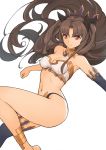  1girl anklet bangs bare_shoulders black_ribbon blue_gloves blue_legwear breasts brown_hair cleavage crown elbow_gloves eyebrows_visible_through_hair fate/grand_order fate_(series) gloves hair_ribbon ishtar_(fate/grand_order) jewelry long_hair looking_at_viewer navel red_eyes ribbon simple_background single_thighhigh solo thighhighs tsuki_suigetsu two_side_up very_long_hair white_background 