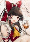  1girl :d absurdres bangs bare_shoulders black_hair blush bow brown_eyes cherry_blossoms commentary_request cup daimaou_ruaeru detached_sleeves drinking_glass eyebrows_visible_through_hair frilled_bow frills grey_background hair_bow hair_tubes hakurei_reimu hand_up head_tilt highres holding holding_cup long_hair long_sleeves looking_at_viewer open_mouth petals red_bow sidelocks sitting smile solo touhou upper_body wide_sleeves wristband 