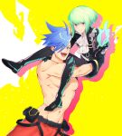  2boys belt_pouch black_gloves black_jacket blue_eyes blue_hair chest cravat eyes_visible_through_hair fire foo_(wei) galo_thymos gloves green_fire green_hair half_gloves jacket lio_fotia male_focus multiple_boys pouch promare purple_eyes purple_fire shirtless spiked_hair 