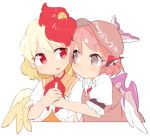  2girls animal animal_ears animal_on_head bird bird_wings blonde_hair brown_eyes brown_headwear chick commentary_request earrings eye_contact eyebrows_visible_through_hair feathered_wings hands_together hat holding_hands ini_(inunabe00) jewelry looking_at_another multicolored_hair multiple_girls mystia_lorelei niwatari_kutaka no_pupils on_head pink_hair puffy_short_sleeves puffy_sleeves red_eyes red_hair short_hair short_sleeves simple_background touhou two-tone_hair upper_body white_background winged_hat wings 