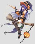  1girl adapted_costume alternate_costume armpits belt belt_pouch black_footwear black_gloves black_headwear black_legwear blue_hair boots breasts broom broom_riding candy candy_cane eyebrows_visible_through_hair fingerless_gloves fire_emblem fire_emblem:_path_of_radiance fire_emblem:_radiant_dawn fire_emblem_heroes food full_body garter_straps gloves gonzarez green_eyes grey_background grin hair_between_eyes halloween hand_on_headwear hat highres jack-o&#039;-lantern long_hair long_sleeves looking_at_viewer medium_breasts mia_(fire_emblem) midriff navel one_eye_closed pouch sideboob simple_background smile solo sparkle sword thighhighs thighs weapon wide_sleeves witch_hat 