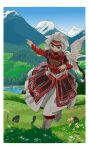  1girl absurdres amir_halgal bird black_hair blue_sky boots crinoids dress ear_piercing earrings falcon flower grass grey_eyes hat highres horse jewelry kazakh_clothes leg_up long_braid long_hair looking_at_viewer mountain necklace otoyomegatari piercing pointing red_dress river sky tree very_long_hair 