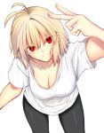  1girl arcueid_brunestud blonde_hair breasts cleavage cowboy_shot highres iro_(sekaixiro) large_breasts long_hair red_eyes shirt short_hair solo tsukihime v white_shirt 
