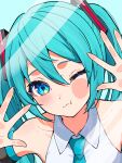  1girl :s :t against_glass aqua_eyes aqua_hair aqua_necktie bare_shoulders black_sleeves blush collarbone collared_shirt commentary_request detached_sleeves double-parted_bangs fingernails hatsune_miku hatsune_miku_(vocaloid3) highres long_hair looking_at_viewer necktie one_eye_closed portrait shirt solo twintails uzuki_sena vocaloid white_shirt 