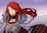  1boy armor cape closed_eyes commentary_request dated expressionless fate/grand_order fate_(series) fur-trimmed_cape fur_trim highres long_hair male_focus purple_background red_hair solo torinonest tristan_(fate) twitter_username upper_body white_cape 
