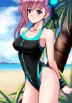  1girl absurdres arms_behind_back asymmetrical_hair bangs beach black_ribbon black_swimsuit blue_eyes breasts cleavage cloud collarbone competition_swimsuit cowboy_shot eyebrows_visible_through_hair fate/grand_order fate_(series) hair_between_eyes hair_bun hair_ribbon highleg highleg_swimsuit highres long_hair medium_breasts miyamoto_musashi_(fate/grand_order) miyamoto_musashi_(swimsuit_berserker)_(fate) ocean one-piece_swimsuit palm_tree pink_hair ribbon sawwei005 shiny shiny_hair solo standing swimsuit tree wristband 