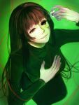  1girl absurdres black_dress black_eyes black_hair breasts chinese_commentary commentary dress from_above glasgow_smile gradient_background green_background green_eyes hand_on_own_chest heterochromia highres holding_eyeball horror_(theme) jewelry kira_meku_80199 long_hair looking_at_viewer looking_up medium_breasts missing_eye naihe_(female)_(touqi_guaitan) necklace ringed_eyes smile solo straight_hair touqi_guaitan turtleneck upper_body worm 