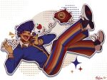  1boy blue_hair colored_skin looking_at_viewer mishwell multicolored_pants pants phone pompadour solo wally_darling welcome_home_(arg) yellow_skin 