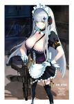  1girl alternate_costume apron assault_rifle bangs belt between_breasts black_legwear blunt_bangs boots breasts chaciooh character_name cleavage collarbone detached_collar enmaided expressionless facial_mark feet_out_of_frame frills girls_frontline gloves green_eyes grey_hair gun h&amp;k_hk416 hair_ornament hand_on_hip heckler_&amp;_koch highres hk416_(girls_frontline) large_breasts long_hair looking_at_viewer maid maid_headdress parted_lips rifle silver_hair solo strap_between_breasts teardrop thighhighs very_long_hair waist_apron weapon white_footwear white_gloves 