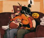 absurd_res anthro belly bloated blush bodily_fluids box canid canid_demon canine canis clothing container damndirtierdog demon dessert domestic_dog doughnut drooling duo evelynn_(orange_bongo) eyes_closed female food furniture hand_on_belly heart_symbol hearts_around_head hellhound hi_res lucy_black_(damndirtierdog) male male/female mammal mythological_canine mythological_creature mythology on_lap on_sofa open_mouth overweight overweight_female pastry reptile saliva scalie sitting sitting_on_lap sitting_on_sofa sofa stuffing sweater tail tail_motion tailwag thick_thighs topwear weight_gain