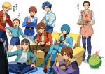  6+boys alfred_izuruha amuro_ray apron artist_name backwards_hat banagher_links baseball_cap belt bernard_wiseman black_belt black_hat blonde_hair blue_boots blue_eyes blue_hair blue_jacket blue_pants blue_shirt blue_shorts boots brown_apron brown_eyes brown_hair brown_pants brown_shoes carpet closed_eyes closed_mouth collared_jacket collared_shirt commentary_request controller couch crossed_arms crossed_legs cup drink ekomozzarella flying_sweatdrops game_controller grabbing_another&#039;s_arm green_eyes gundam gundam_0080 gundam_f91 gundam_hathaway&#039;s_flash gundam_unicorn gundam_zz hand_on_own_arm hand_on_own_knee haro hat hathaway_noa highres holding holding_controller holding_game_controller holding_tray hood hood_down jacket judau_ashta kamille_bidan long_sleeves looking_at_another mafti_nabiyu_erin male_focus military_uniform mobile_suit_gundam multiple_boys on_couch on_floor open_clothes open_jacket open_mouth pants puff_of_air pumpkin_print purple_jacket red_boots red_jacket seabook_arno shirt shoes short_hair shorts sitting smile standing sweat sweatdrop translation_request tray uso_ewin victory_gundam white_pants zeta_gundam 