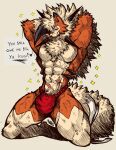 abs absurd_res amber_eyes anthro asian_clothing blush bulge canid canine clothed clothing colored dipstick_ears dusk_lycanroc ear_markings east_asian_clothing fingers fluffy fundoshi fundoshi_only fur game_freak generation_7_pokemon hair hatching_(art) hi_res japanese_clothing jwbash kneeling kyoto_rex looking_at_viewer lycanroc male male_anthro mammal multicolored_body multicolored_ears multicolored_fur multicolored_hair muscular muscular_male muscular_thighs neck_tuft nintendo no_background_elements orange_background pecs pinup pokemon pokemon_(species) pose red_clothing red_fundoshi red_underwear scar shaded simple_background smile solo sparkles spiky_hair tan_body text tight_clothing topless tuft two_tone_body two_tone_fur underwear underwear_only white_body white_fur white_hair yellow_body yellow_eyes yellow_fur