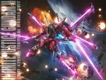  absurdres asteroid beam_cannon character_name clenched_hand commentary double_blade earth_(planet) energy_blade energy_sword exhaust explosion flying glowing glowing_eyes green_eyes gundam gundam_seed gundam_seed_freedom highres holding holding_sword holding_weapon infinite_justice_gundam_type_ii legs_apart lolicon_(lolicon42051636) mecha mecha_focus mechanical_wings mobile_suit no_humans photoshop_(medium) planet robot science_fiction shoulder_cannon solo space star_(sky) sword v-fin weapon wings 