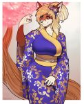  2019 5_fingers accessory alpha_channel asian_clothing big_breasts blonde_hair breasts canid canine clothed clothing east_asian_clothing female fingers flower flower_in_hair fox grey_eyes hair hair_accessory hi_res japanese_clothing kimono mammal plant porin ryoko_(earthymuffin) smile solo 