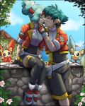 2025 ambiguous_gender anthro blue_body blue_eyes blue_fur blue_hair blush blush_lines breasts cajunfoxnight clothing eyelashes eyes_closed female fingerless_gloves flower footwear fur generation_3_pokemon gloves group hair handwear hi_res human human_focus human_on_human inner_ear_fluff intraspecies kissing male male/female mammal minun multicolored_body nintendo not_furry_focus paws plant plusle pokemon pokemon_(species) pokemon_ranger pokemon_ranger_(character) purple_eyes red_body red_fur shoes sitting teal_hair teeth tuft two_tone_body yellow_body yellow_fur
