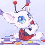  2019 anthro blue_eyes candy clothed clothing costume digimon digimon_(species) digital_media_(artwork) felid feline female food fur gatomon haiiromon mammal smile tongue whiskers white_body white_fur 