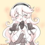  1girl armor closed_eyes corrin_(fire_emblem) corrin_(fire_emblem)_(female) eromame fire_emblem fire_emblem_fates gloves hairband long_hair monochrome open_mouth simple_background solo tearing_up twitter_username upper_body 