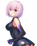  1girl :d armored_leotard bangs black_gloves black_leotard blush breasts elbow_gloves eyebrows_visible_through_hair fate/grand_order fate_(series) from_side gloves hair_between_eyes leotard looking_at_viewer mash_kyrielight medium_breasts nakamura_hinato open_mouth pink_hair purple_eyes shiny shiny_clothes shiny_hair short_hair simple_background smile solo standing white_background 