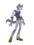  absurd_res anthro arm_tuft beastars belt black_nose bottomwear canid canine canis cheek_tuft claws clothed clothing elbow_tufts face_tuft footwear fully_clothed fur grey_body grey_fur hi_res inner_ear_fluff jaykittens legosi_(beastars) mammal pants shirt shoes simple_background solo standing topwear tuft whiskers white_background wolf 