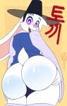 2023 absurd_res anthro big_butt black_clothing black_hat black_headwear blue_clothing blue_topwear bottomwear bottomwear_down buckteeth bun-za_(footfoxxy) butt chinese_zodiac clothed clothing english_description footfoxxy fur hat headgear headwear hi_res holding_butt lagomorph leporid long_sleeves looking_back male mammal open_mouth pants pants_down partially_clothed pink_nose purple_eyes rabbit rear_view scut_tail short_tail simple_background smile solo tail teeth text thick_thighs topwear white_body white_fur year_of_the_rabbit yellow_background