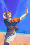  1boy abs absurdres beach blue_sky commentary english_commentary feet_out_of_frame groin haikyuu!! highres hinata_shouyou looking_up male_focus midriff navel ocean open_mouth orange_hair outstretched_arms shirt short_hair shorts sky solo t-shirt teeth toned toned_male tongue upper_teeth_only v-neck very_short_hair water white_shorts yellow_eyes zeva0326 