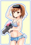  1girl bangs bikini blue_bikini blue_bow blush bow brown_eyes brown_hair collarbone cow cowboy_shot eyebrows_visible_through_hair frilled_bikini frills groin gun hair_between_eyes highres holding holding_gun holding_weapon looking_at_viewer misaka_imouto misaka_mikoto navel parted_lips shiny shiny_hair short_hair solo standing striped striped_bikini swimsuit to_aru_majutsu_no_index water_gun weapon white_background yggdra0714 