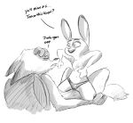  ... ? akella anthro canid canine clothed clothing dialogue disney duo ears_back english_text fox gloves_(marking) judy_hopps lagomorph leporid mammal markings monochrome nick_wilde open_mouth open_smile panties pillow pivoted_ears rabbit reclining smile straddling text topless underwear zootopia 
