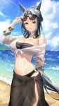  1girl alternate_costume animal_ears arm_behind_back beach bikini black_bikini black_hair black_sarong blue_sky bracelet breasts commentary_request cowboy_shot day ear_ornament eyewear_on_head hair_bun highres horse_ears horse_girl horse_tail jewelry matuda_(matudayazo) mejiro_ramonu_(umamusume) multicolored_hair ocean outdoors purple_eyes sand sarong shirt single_bare_shoulder sky solo sparkle strapless strapless_bikini streaked_hair sunglasses swimsuit tail tied_shirt twitter_username umamusume water white_hair 