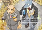  2019 anthro beverage bottomwear canid canine canis clothing coffee detailed_background domestic_dog duo fish food humanoid_hands inuryu male mammal marine outside pants phone scarf shark shirt topwear 