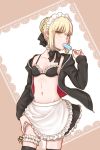  1girl apron apron_lift artoria_pendragon_(all) artoria_pendragon_(swimsuit_rider_alter) bangs black_bow black_bra black_jacket black_legwear black_neckwear black_skirt blonde_hair bow bra braid braided_bun breasts choker cleavage cowboy_shot eating fate/grand_order fate_(series) food frilled_apron frilled_bra frilled_skirt frills groin hair_bow highres holding holding_food hood hood_down hooded_jacket ice_cream jacket karakuri2357 lifted_by_self long_sleeves maid_headdress midriff miniskirt navel open_clothes open_jacket popsicle shiny shiny_hair short_hair skirt small_breasts solo standing stomach thigh_strap thighhighs underwear unzipped waist_apron white_apron yellow_eyes 