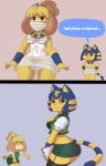  2019 4_fingers angry animal_crossing ankha_(animal_crossing) anthro blonde_hair blue_hair breasts butt_pose canid canine canis chest_wraps clothed clothing cosplay dialogue digital_media_(artwork) domestic_cat domestic_dog duo egyptian english_text felid feline felis female fingers hair hi_res holding_object isabelle_(animal_crossing) mammal mr-shin mummy_costume nintendo pose shih_tzu short_hair speech_bubble text toy_dog video_games wraps 
