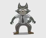  anthro beastars bottomwear canid canine canis cheek_tuft clothed clothing face_tuft fangs footwear fully_clothed fur grey_body grey_fur hi_res legosi_(beastars) light lighting looking_at_viewer mammal necktie pants raikarou shadow sharp_teeth shirt shoes simple_background solo standing teeth topwear tuft white_background wolf 