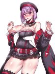  1girl :d absurdres alternate_breast_size bare_shoulders belt beret black_lan blush breasts cleavage fate/grand_order fate_(series) frills gggg groping hat helena_blavatsky_(fate/grand_order) highres jacket large_breasts off_shoulder open_mouth purple_eyes purple_hair short_hair simple_background smile solo sweat thighhighs white_background 