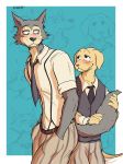  anthro anthro_on_anthro beastars belt bird_dog blue_background blush bottomwear canid canine canis cheek_tuft clothed clothing delirost domestic_dog duo face_tuft fluffy fluffy_tail fully_clothed fur grey_body grey_fur hands_in_pockets hi_res hunting_dog jack_(beastars) labrador legosi_(beastars) looking_at_another mammal necktie pants pockets retriever shirt simple_background sketch tail_grab tan_body tan_fur topwear tuft white_body white_fur wolf 