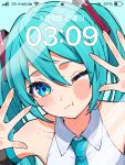  1girl 39 :s :t against_glass aqua_eyes aqua_hair aqua_necktie bare_shoulders battery_indicator black_sleeves blush collarbone collared_shirt commentary_request detached_sleeves double-parted_bangs fake_phone_screenshot fake_screenshot fingernails hatsune_miku hatsune_miku_(vocaloid3) highres long_hair looking_at_viewer miku_day necktie one_eye_closed portrait shirt solo twintails uzuki_sena vocaloid white_shirt wi-fi_symbol 