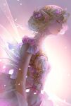  1girl absurdres blonde_hair blooming_dreams_(infinity_nikki) choker circlet closed_eyes closed_mouth cowboy_shot dress expressionless eyelashes eyeshadow fairy fairy_wings fake_pointy_ears flower gloves gold_circlet hair_bun hair_flower hair_ornament highres infinity_nikki lace lace_choker lipstick long_dress makeup nikki_(series) oblivion_(user_ugke8872) outdoors petals pink_eyeshadow pointy_ears pointy_nose purple_dress purple_flower purple_gloves purple_wings red_lips short_hair single_hair_bun sleeveless sleeveless_dress solo standing sunlight sunset transparent_wings updo white_choker wings 