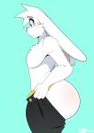 2023 4_fingers anthro big_butt black_bottomwear black_clothing black_pants blue_background blush body_blush bottomwear buckteeth bun-za_(footfoxxy) butt butt_blush cheek_tuft chest_tuft clothing dressing_up ears_down english_description facial_tuft featureless_chest fingers footfoxxy fur head_tuft hi_res lagomorph leporid male mammal mouth_closed pants pink_nose pivoted_ears purple_eyes putting_on_clothes rabbit side_view simple_background solo standing teeth thong tuft underwear white_body white_fur yellow_clothing yellow_thong yellow_underwear