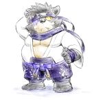  2019 anthro black_nose bottomwear clothing gokrakstyle humanoid_hands male mammal overweight overweight_male pants sengoku_puzzle simple_background solo ursid white_background 大江千兵衛 