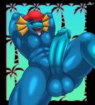 abs absurd_res anthro balls bedroom_eyes beret big_balls big_penis blue_body blue_eyes blue_scales clothing erection frill_(anatomy) genitals hands_behind_head hat hat_only headgear headgear_only headwear headwear_only heart_(marking) hi_res leaning leaning_backward lizard looking_at_viewer male markings mostly_nude muscular muscular_male narrowed_eyes nudii penis raised_arm raised_leg reptile scales scalie seductive solo space_station_13 srusu_rskuzu_(character) tongue tongue_out unathi