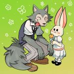  beastars bottomwear boy_squashy canid canine canis cheek_tuft clothed clothing crouching cute_fangs dress eyes_closed face_tuft flower fluffy fluffy_tail footwear fully_clothed fur gradient_background green_background grey_body grey_fur happy haru_(beastars) holding_object lagomorph legosi_(beastars) leporid mammal pants plant rabbit shirt shoes simple_background smile tongue tongue_out topwear tuft white_body white_fur wolf 