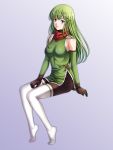  1girl absurdres blue_background brown_gloves brown_pants detached_sleeves fire_emblem fire_emblem:_mystery_of_the_emblem full_body gloves gradient gradient_background green_eyes green_hair green_sleeves headband highres invisible_chair long_hair long_sleeves looking_at_viewer palla_(fire_emblem) pants sitting solo tamamon thighhighs very_long_hair white_background white_headband white_legwear 