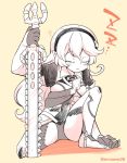  1girl armor barefoot closed_eyes corrin_(fire_emblem) corrin_(fire_emblem)_(female) eromame fire_emblem fire_emblem_fates hairband holding holding_sword holding_weapon leotard long_hair monochrome parted_lips pointy_ears simple_background sitting sleeping sleeping_upright solo spread_legs sword twitter_username underwear weapon 