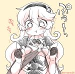  1girl armor closed_mouth corrin_(fire_emblem) corrin_(fire_emblem)_(female) crying crying_with_eyes_open eromame fire_emblem fire_emblem_fates hairband monochrome pointy_ears pout simple_background solo tears twitter_username upper_body wavy_eyes 