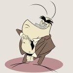 absurd_res antennae_(anatomy) anthro arthropod big_chin bob-jiggles body_hair brown_background brown_body brown_skin chest_hair clothed clothing clothing_lift crooked_teeth drop_shadow eyebrows flea genitals grin grinning_at_viewer half-closed_eyes half_naked herbert_dumbrowski hi_res insect looking_at_viewer male narrowed_eyes navel necktie nickelodeon nipples penis pubes shirt shirt_lift simple_background smile solo standing suit t.u.f.f._puppy thick_eyebrows topwear undressing