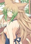  1girl ahoge animal_ears apron ass atalanta_(fate) blue_apron breasts cat_ears commentary_request eyebrows_visible_through_hair fate/apocrypha fate_(series) green_eyes green_hair long_hair looking_at_viewer medium_breasts multicolored_hair nahu naked_apron sideboob solo tail tongue tongue_out 