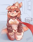 anthro bdsm biscuit_(blasticussaturn) blasticussaturn blush clothing collar female hair hands_on_legs hi_res hoodie kneeling leash leashed_collar legwear looking_away nervous nervous_smile orange_hair panties petplay red_eyes roleplay shirt signature smile solo tail tail_motion tailwag text text_on_clothing text_on_shirt text_on_topwear thigh_highs tied_hair topwear underwear