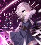  1girl absurdres alternate_eye_color artist_name blue_eyes blurry bow braid commentary depth_of_field embellished_costume eye_trail green_bow grey_hair heterochromia highres izayoi_sakuya knife light_trail long_hair long_sleeves looking_at_viewer maid_headdress red_eyes solo top-exerou touhou translation_request twin_braids 